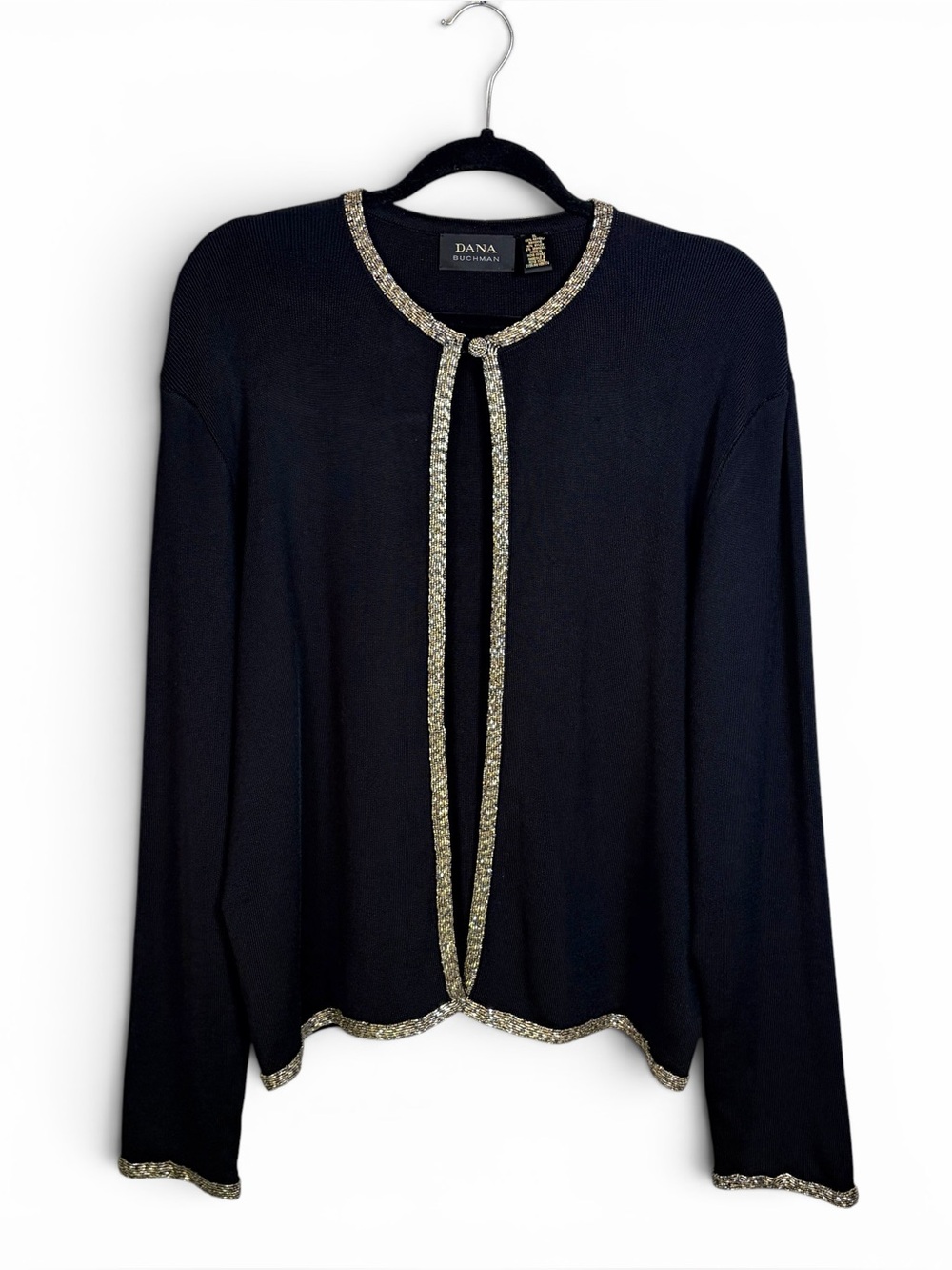 DANA BUCHMAN Vintage Beaded Trim Evening Wear One-Button Black Cardigan, XL